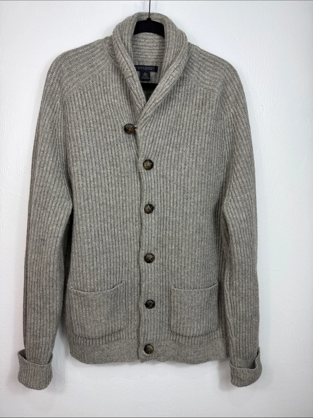 Banana Republic Wool Camel Hair Shawl Collar Cardigan Sweater XL Gray Soft Warm